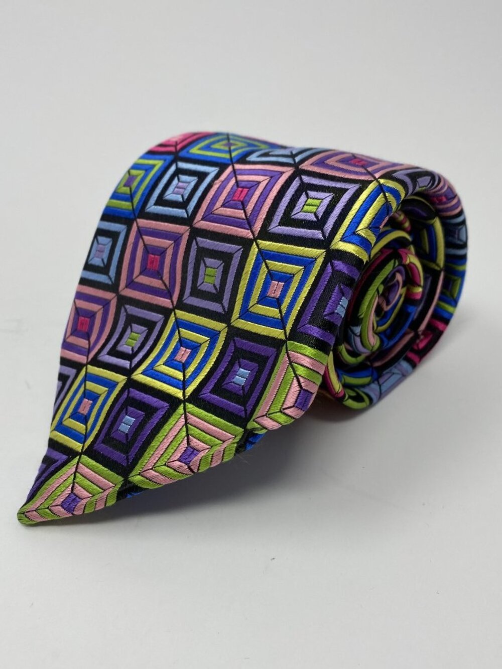 Duchamp London Tie Silk Made in England Jacquard Geometric Squares Neck Necktie